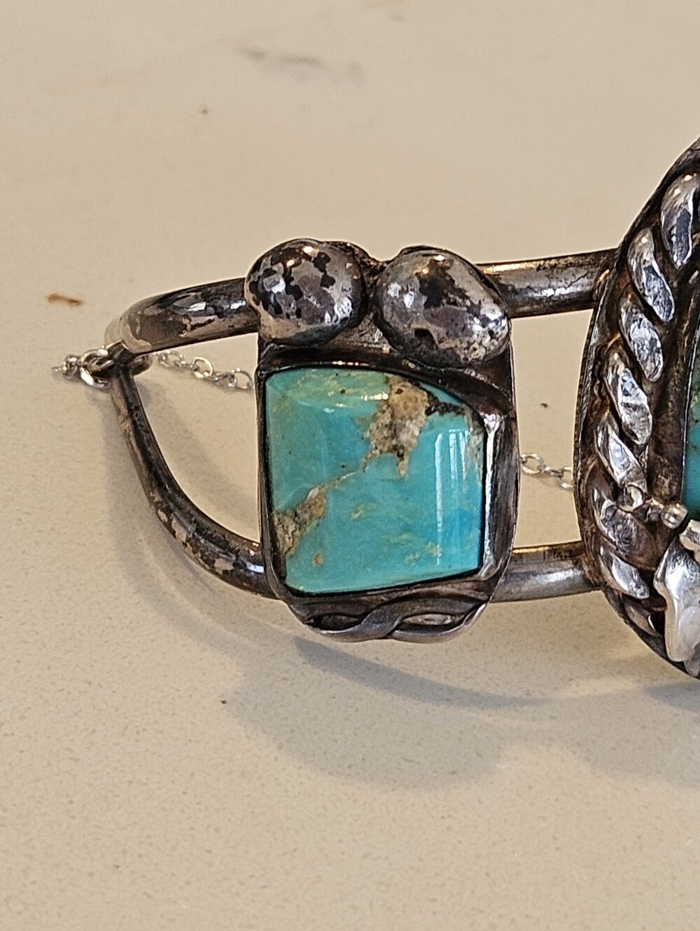 Old Pawn Navajo Turquoise Sterling Silver Leaf Cuff Bracelet Fred Harvey Era - Picture 3 of 8